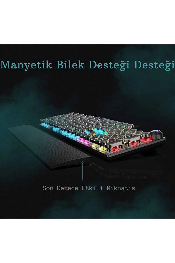 Mekanik Klavye Mouse Seti Kablolu Klavye 2.4G Mouse RGB Bilek Desteği Daktilo Klavye Retro - 3