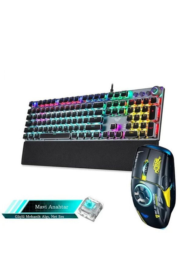 Mekanik Klavye Mouse Seti Kablolu Klavye 2.4G Mouse RGB Bilek Desteği Daktilo Klavye Retro - 1