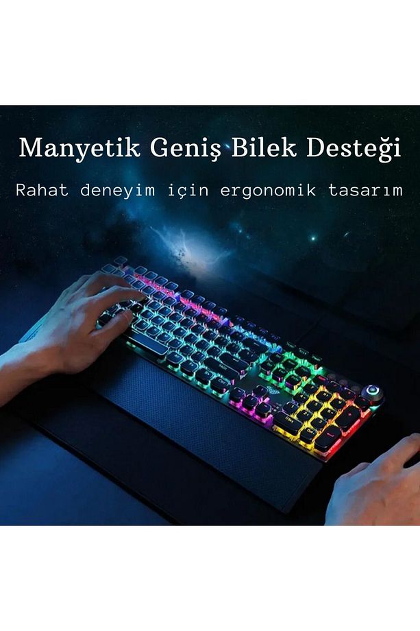 Mekanik Klavye Mouse Seti Kablolu Klavye 2.4G Mouse RGB Bilek Desteği Daktilo Klavye Retro - 4