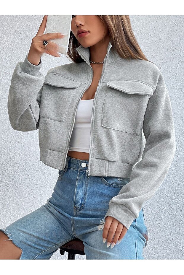 Women's Mock Neck Pocketed Grey Cropped Jacket - Cardigan