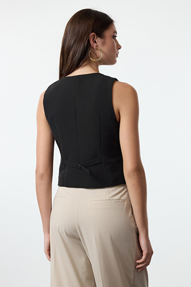Siyah Fitted Crop Dokuma Yelek TWOAW25YE00055 - 5