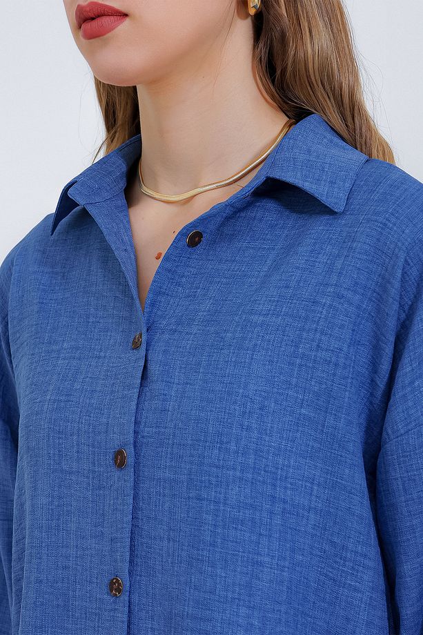 Kadın İndigo Oversize Keten Alt Üst Takım 6622 - 3
