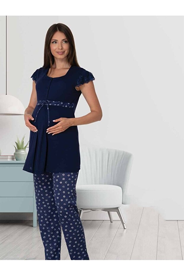 Women's Effort Navy Blue Patterned Soft Maternity Pajama Set