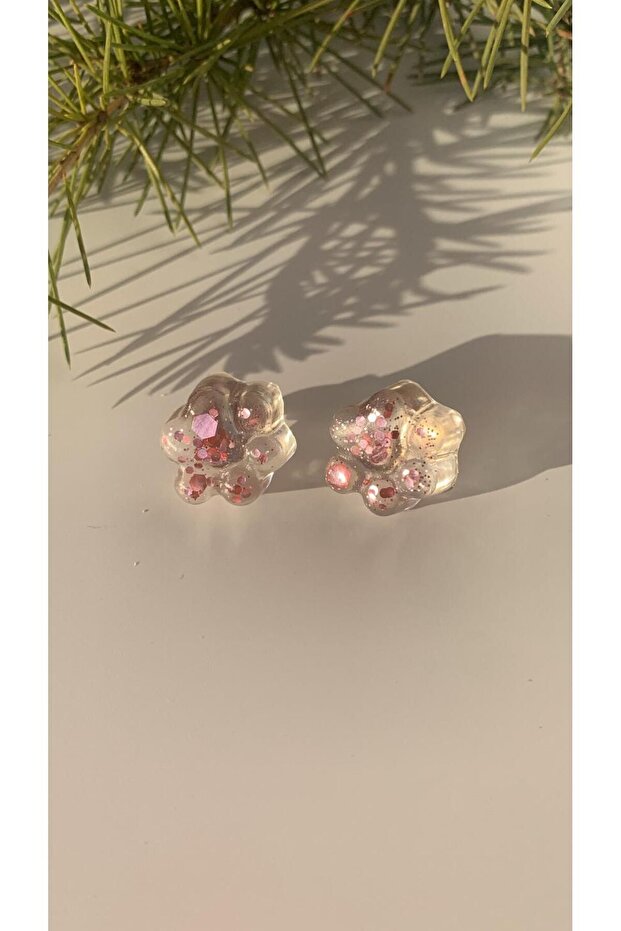 Pink Color Glitter in Transparent Epoxy Cat Dog Paw Shaped Earrings with Silver Accessories Handmade