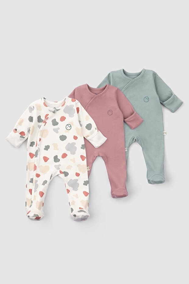 Set of 3 Organic Cotton Overalls with Gloves and Booties Animal Pattern