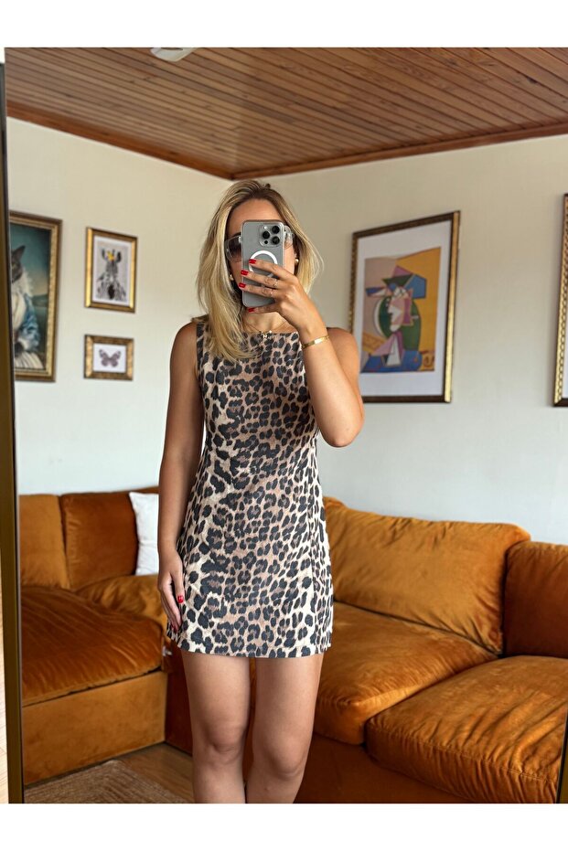 Leopar mini elbise - 2