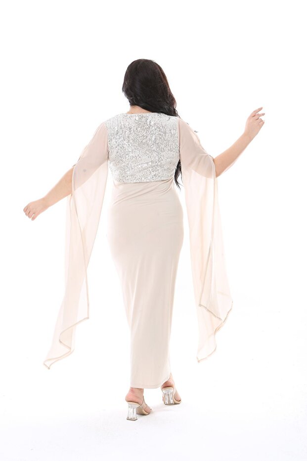 فستان شيفون بيج مزين بالترتر مقاس كبير - تفاصيل فتحة أمامية 65n38239 - 7