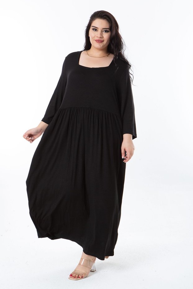 Women's Plus Size Black Waist Gathered Square Neck Capri Sleeve Dress 65N38248