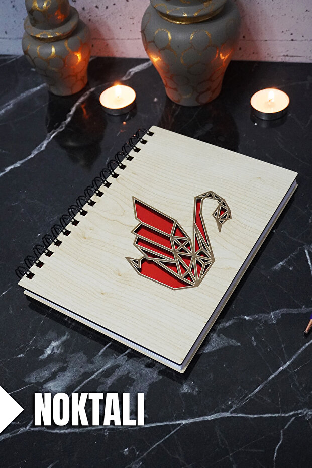 Swan Themed Wooden Cover Notebook - Dotted Notebook - Agenda - School Notebook (A5 - 120 Pages)