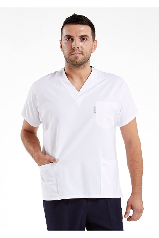 Men's White/Navy Blue Lycra Thin Fabric Scrubs Doctor Nurse Jersey Bat Sleeve Surgical Suit