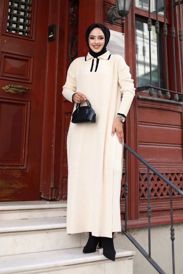 Women's Hijab Clothing Shirt Collar Skirt with Slit and Buttoned Front Dress with Pantalon Double Set