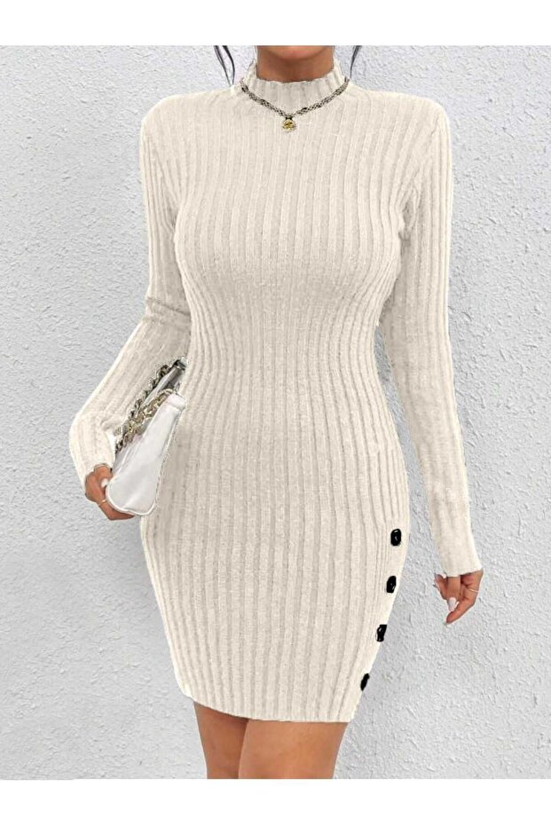 Corded Model Button Detailed Chief Collar Slit Comfortable Fit Knitwear Dress