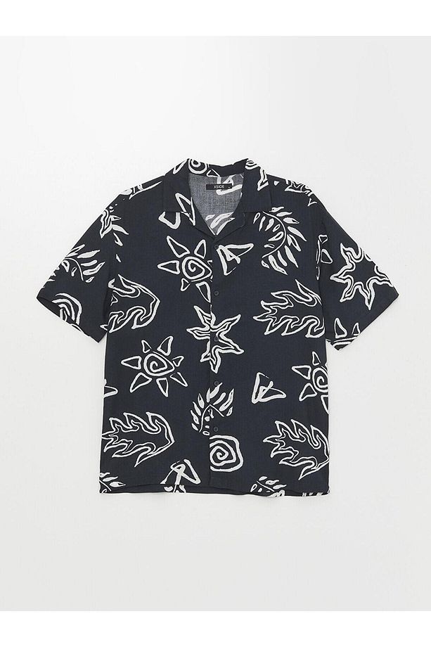 XSIDE Lacivert Baskılı Regular Fit Kısa Kollu Desenli Poplin Erkek Gömlek - 6