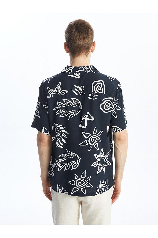XSIDE Lacivert Baskılı Regular Fit Kısa Kollu Desenli Poplin Erkek Gömlek - 5