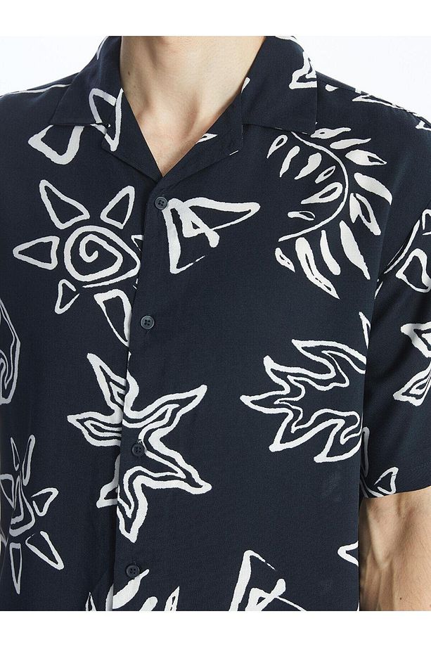 XSIDE Lacivert Baskılı Regular Fit Kısa Kollu Desenli Poplin Erkek Gömlek - 4