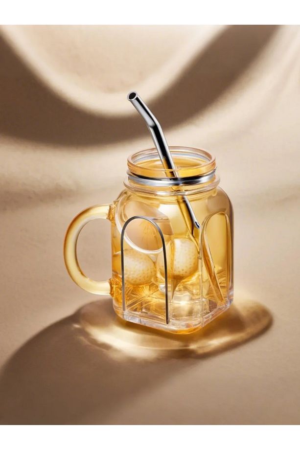 2'li Kulplu Cam Bardak Pipet Hediyeli Model Kokteyl Soğuk Kahve Meşrubat Bardak Seti 450 ml - 3