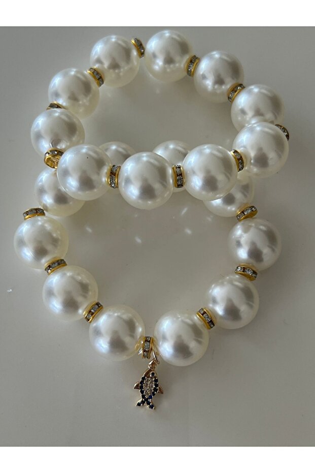 Fish Zircon Charm Dangle 2-Piece Pearl Bracelet