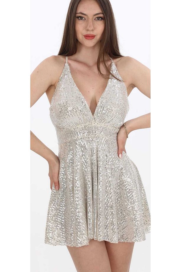 Büzgülü pulpayet işlemeli mini elbise - 3