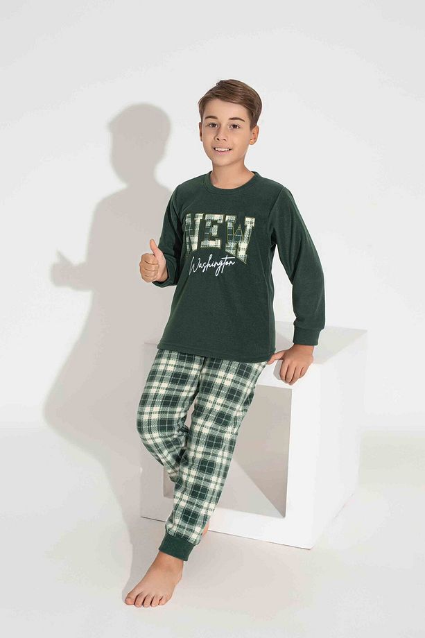 Erkek Haki Ekose VE Kare Desenli Uzun Kollu BABA-OĞUL Polar Kumaş Kışlık Sıcak Tutan Pijama Takımı - 4