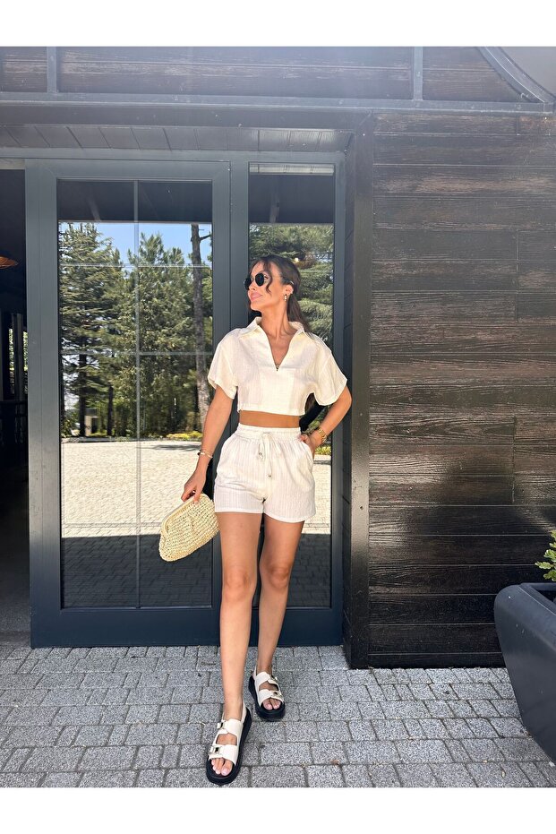 Alt Üst Şort Bej Kadın Takım - 2