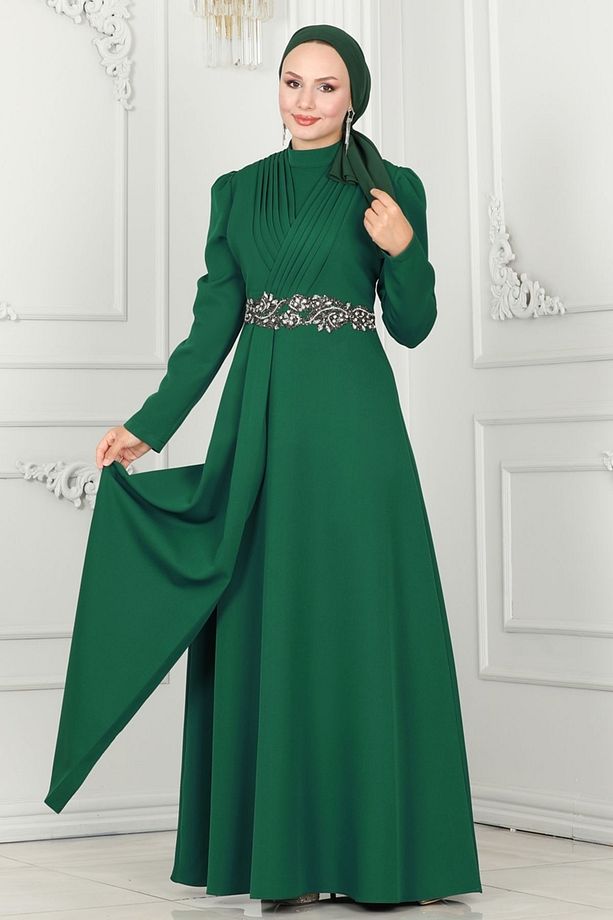 Beli Taş İşlemeli Abiye 6883MDH809 Zümrüt - 3