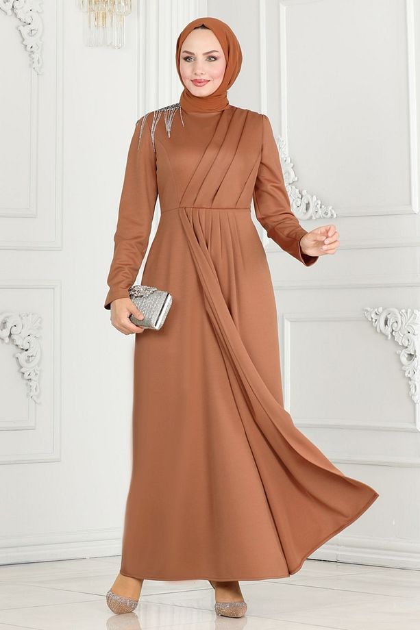 Drape Taş Detaylı Abiye 3018KTR750 Taba - 1