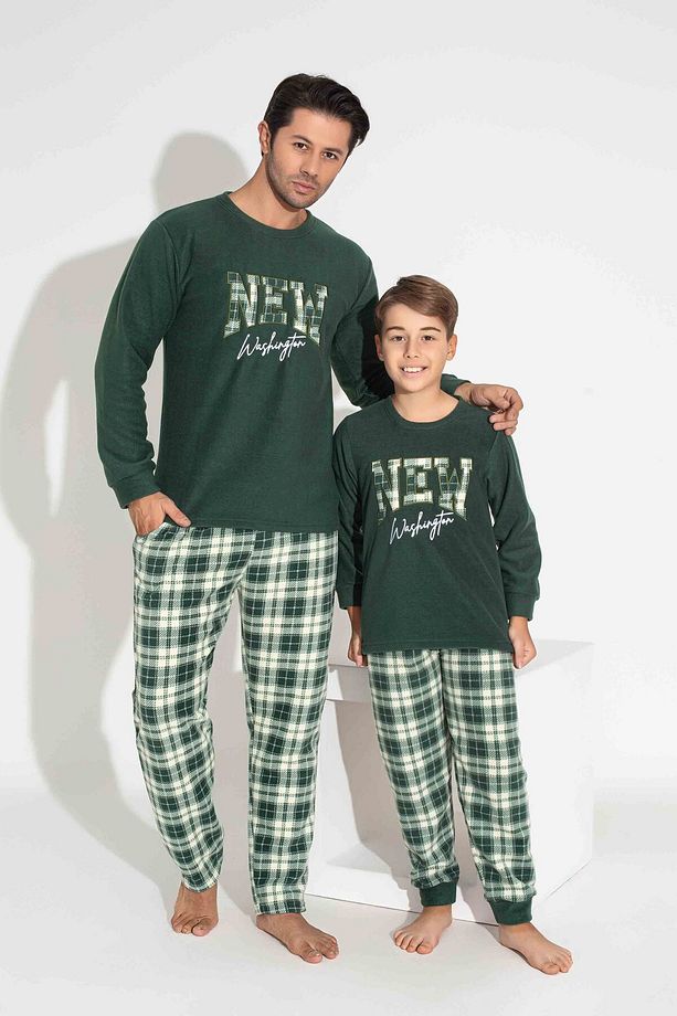 Erkek Haki Ekose VE Kare Desenli Uzun Kollu BABA-OĞUL Polar Kumaş Kışlık Sıcak Tutan Pijama Takımı - 1