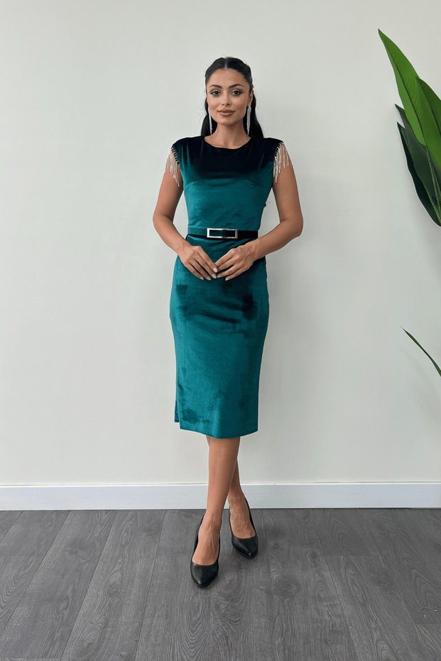 Velvet Fabric Shoulder Tassel Pencil Dress - EMERAL GREEN