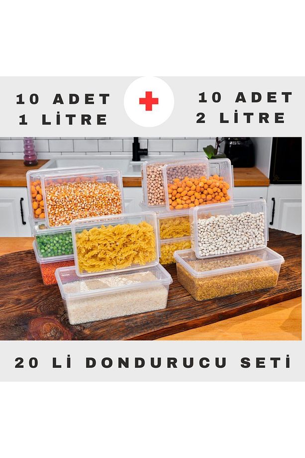 20'li Set  1 Lt. ve 2 Lt. Kendinden Kapaklı Derin Dondurucuya Uygun Saklama Kabı - 1