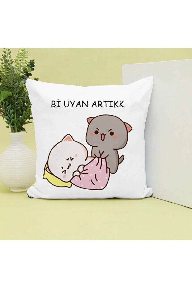 Mochi Cat Printed Gift Pillow with "Wake Up Now" text