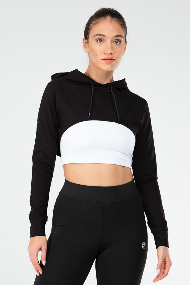 Siyah Regular Dalgıç Kumaş Kapüşonlu Crop Kadın Sweatshirt Sc1189 - 1