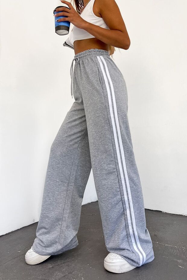 Women's Gray Compact Combed Cotton High Waist Stripe Wide Leg Seasonal Sweatpants