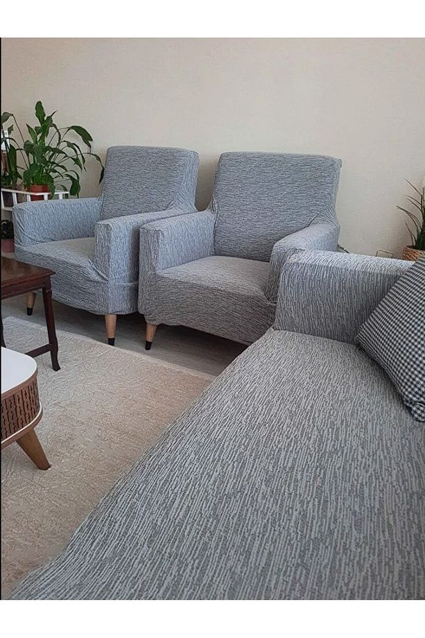 Jakarlı Düz Desen 3 3 1 1 Lastikli Koltuk Örtüsü Takımı Kanepe Çekyat Örtüsü Koltuk Kılıfı Gri - 3