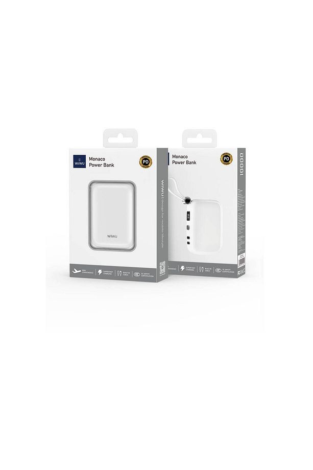 Lightning ve Type-C Kablolu Dijital Ekranlı Askılı Powerbank Wiwu Wi-P042 Monaco Seri 10000mAh Beyaz - 5