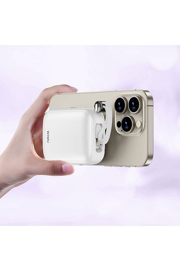 Lightning ve Type-C Kablolu Dijital Ekranlı Askılı Powerbank Wiwu Wi-P042 Monaco Seri 10000mAh Beyaz - 3