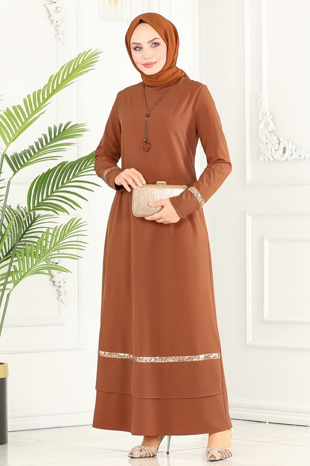 Kolyeli Krep Elbise ASM2682 Taba - 1