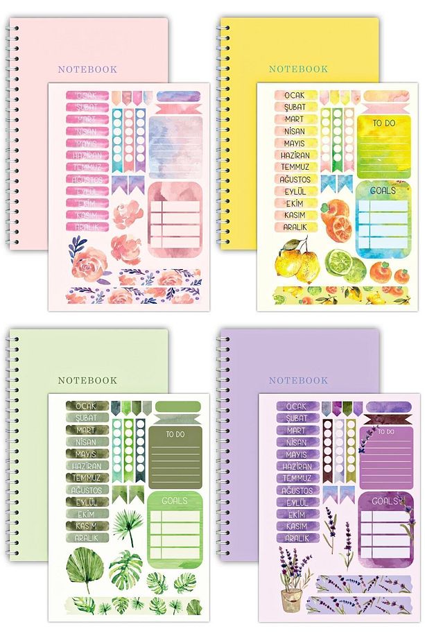 Notebook Sticker'lı 4'lü Çizgisiz Defter Seti (21X14,8CM 60'AR YAPRAK) My Dıy Planlayıcı Defter Seti - 1