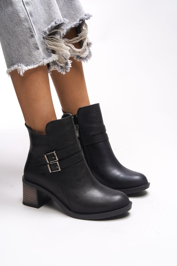 Khourzith Women's Double Buckle Heeled Boots 0012502 Black Skin
