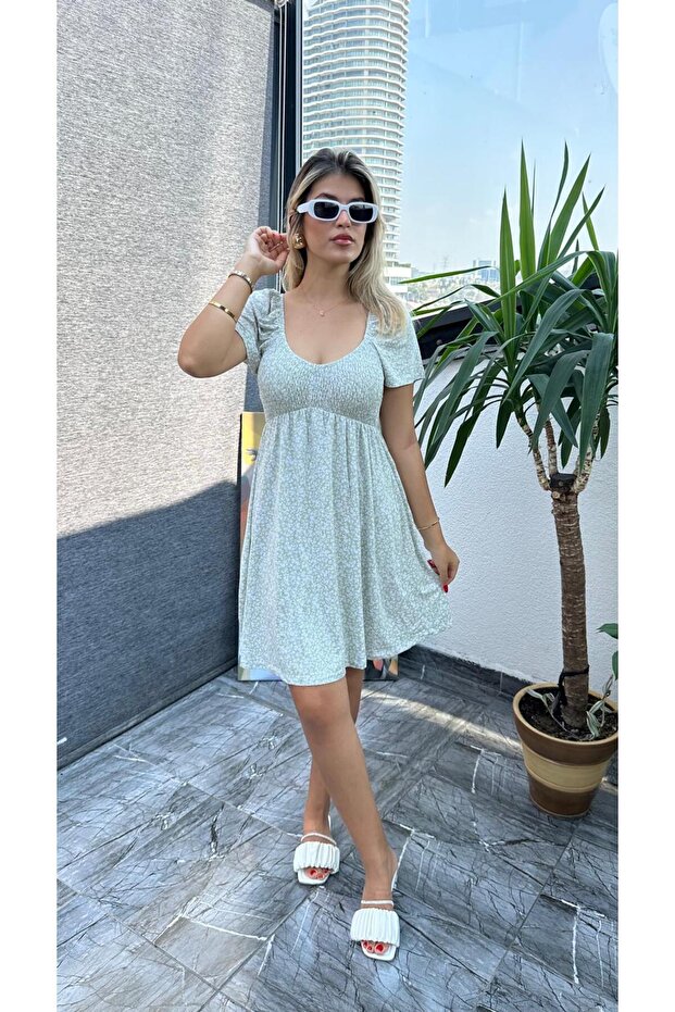 V-Neck Patterned Mini Short Sleeve Dress -200