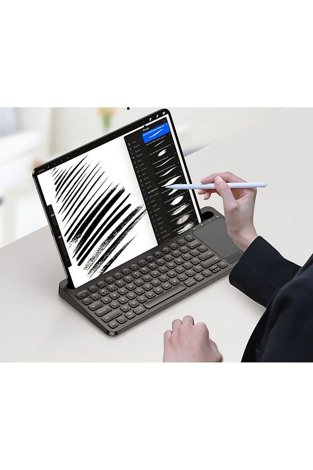 Kablosuz Bluetooth Bağlantılı Taşınabilir Şarjlı Tablet iPad Dokunmatik Touchpad Tablet Klavye - 3