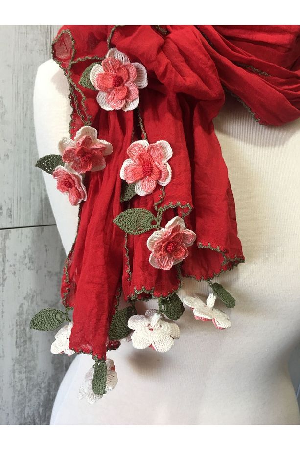 Tığ Işi Pamuklu Fular 50x1.80cm Yırtmaçlı Model - 2