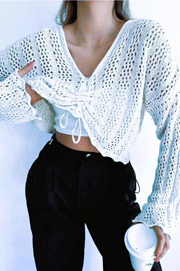 Women's V-Neck Gathered Openwork Seasonal Perforated Sweater Blouse 100% Cotton