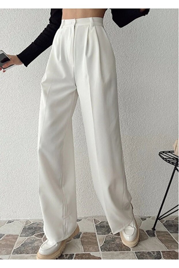 Women's White Wide Leg High Waist Palazzo Trousers