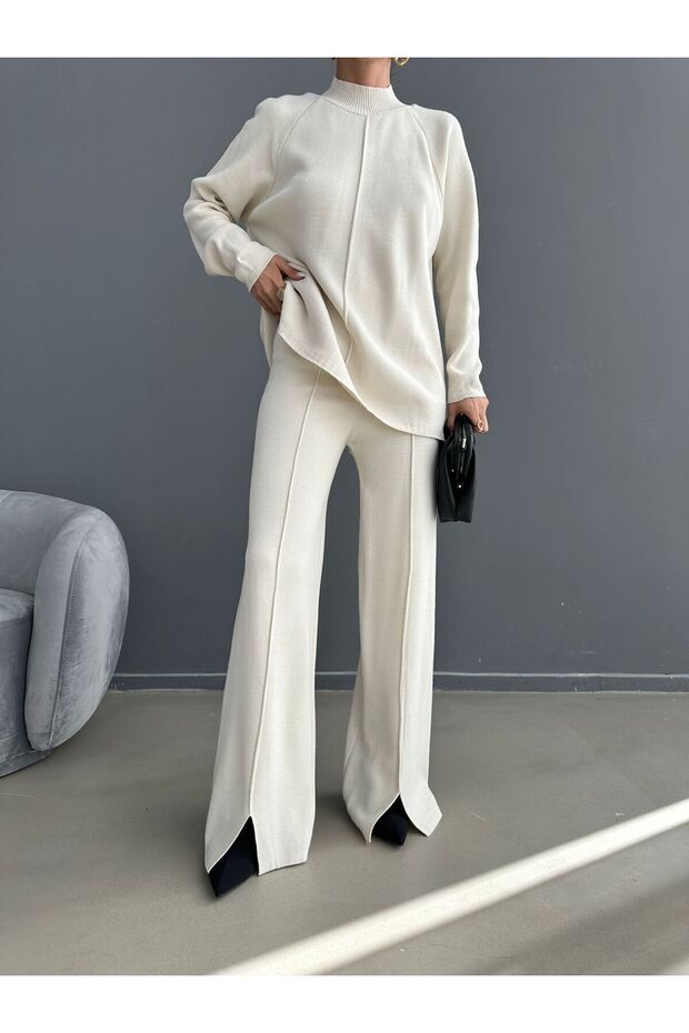 Women's Half-Turtleneck Sweater Trousers Top and Bottom Knit Set - Cream