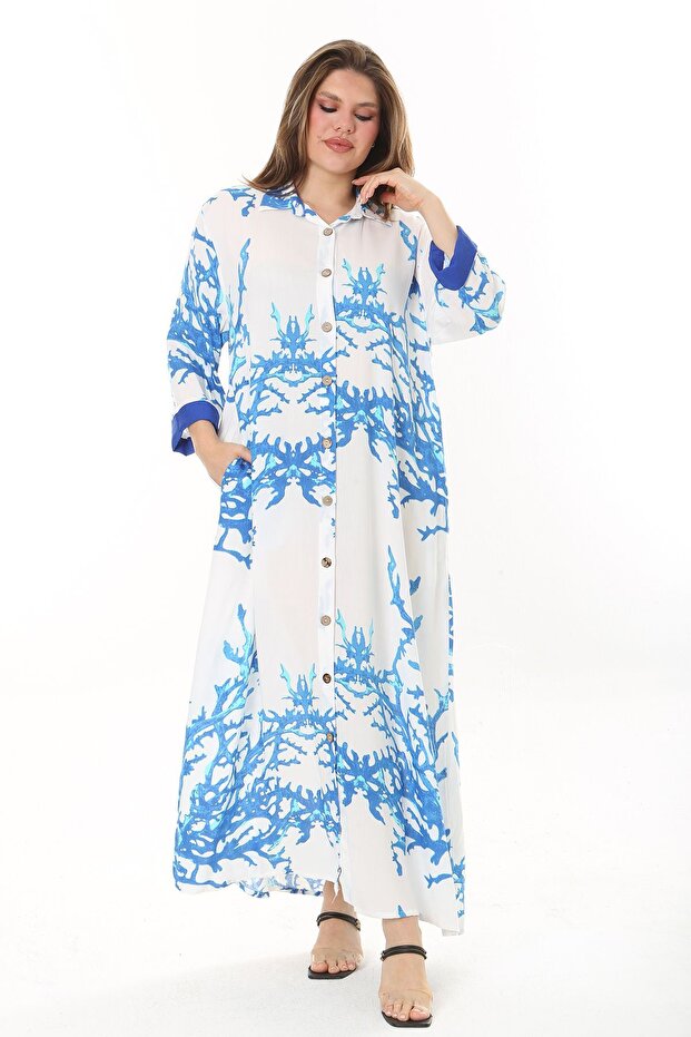 Women's Plus Size Blue Front Length Button-Down Shirt Collar Long Dress 65N37875