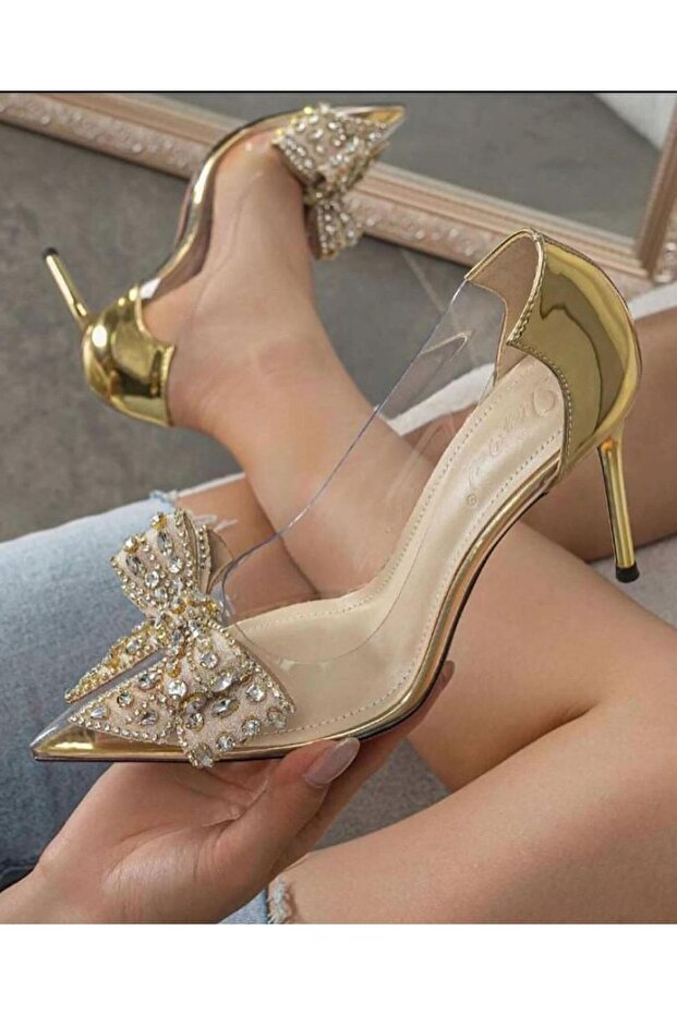 Princess Transparent Bow Stone Silver Color Galvanized Heeled Evening Dress Shoes (7cm)