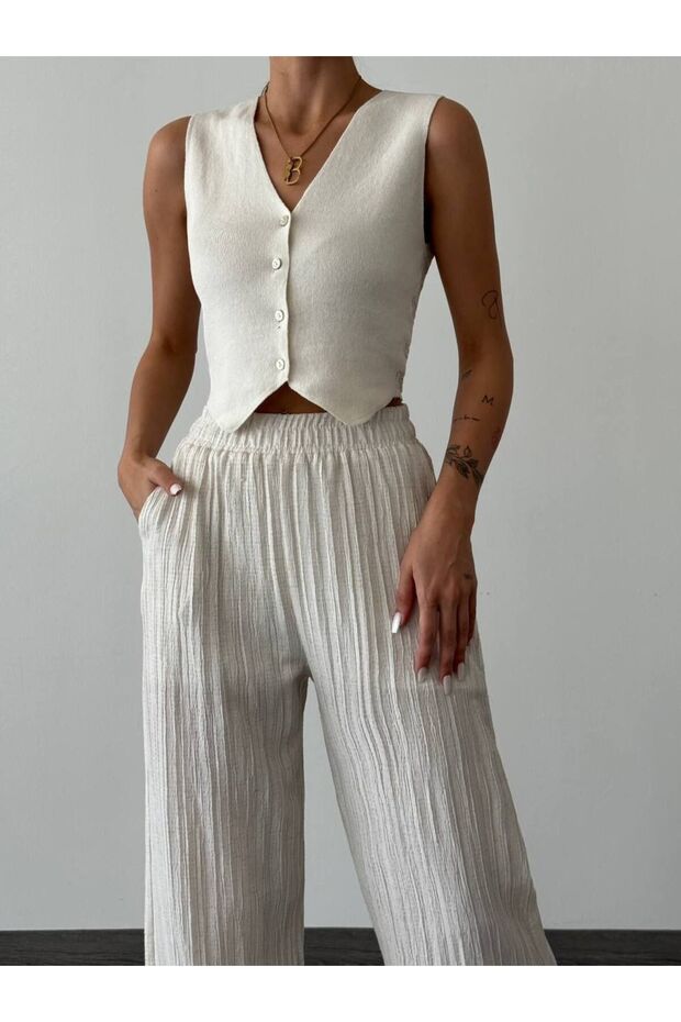 Triko Arka Dekolteli Crop Yelek - 1