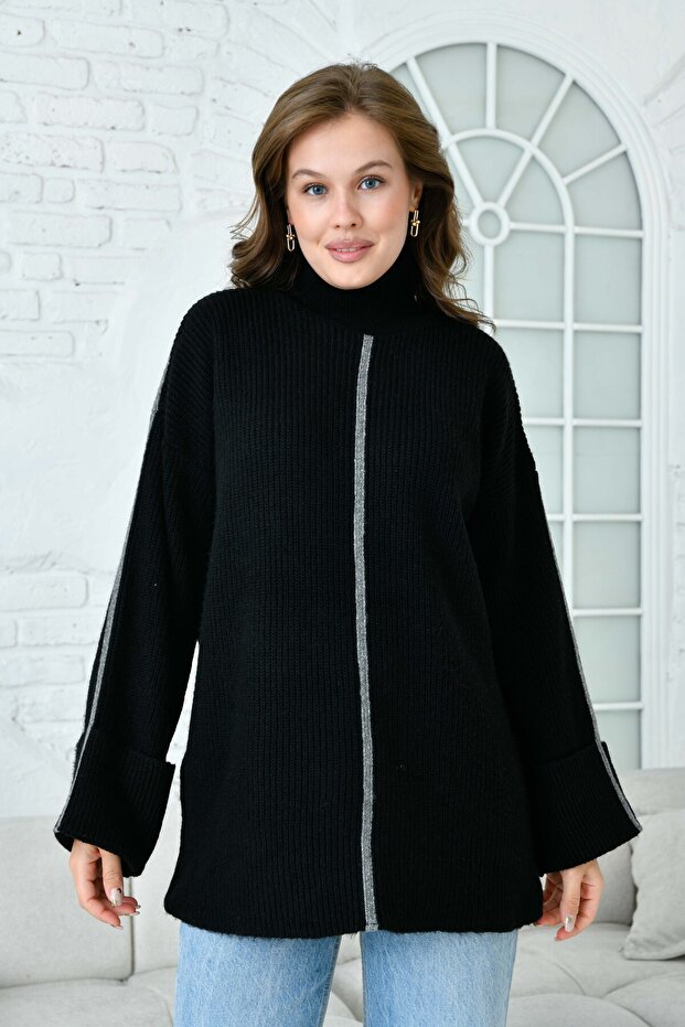 Turtleneck Oversize Cut Long Sleeve Black Knitwear Sweater 4119