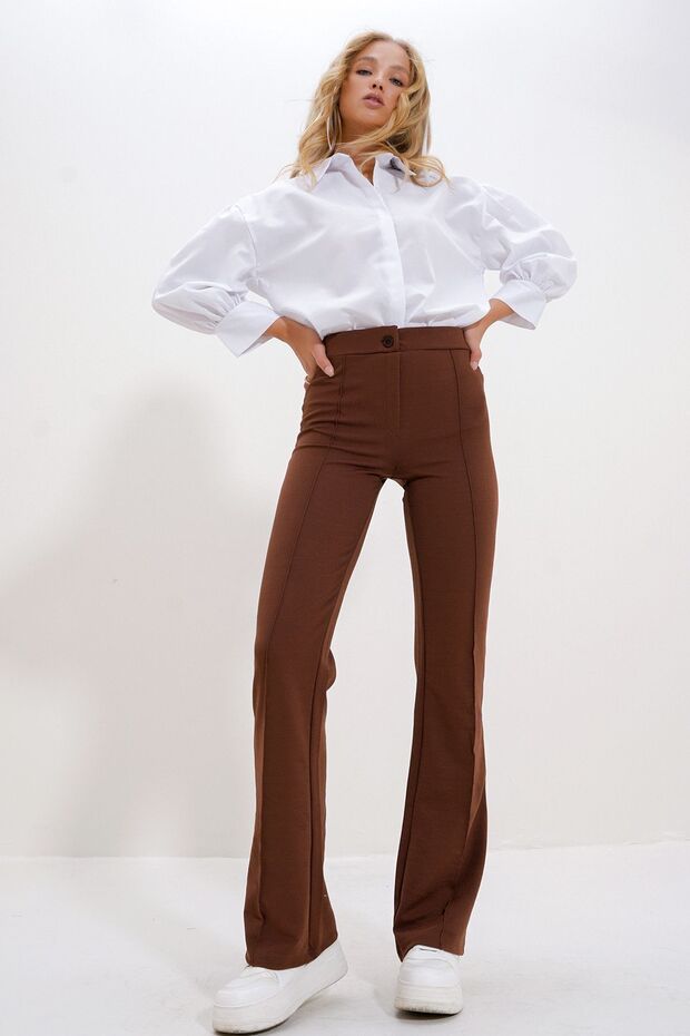 Brown High Waist Front-Cut Wide-Leg Lycra Trousers Alc-X9979