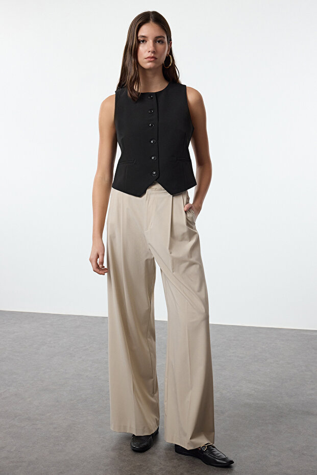 Siyah Fitted Crop Dokuma Yelek TWOAW25YE00055 - 2